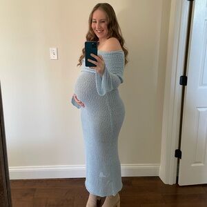 Off-the-shoulder Blue Knit Crochet Mesh Long-sleeve Bodycon Maternity Dress